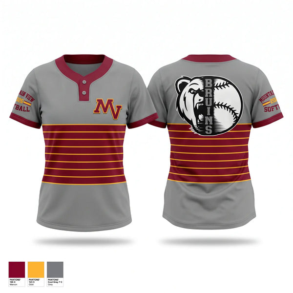 Two Button Softball Jersey, Mountain View Bruins, Softball, Teamtime, Team time, sublimation, custom sports apparel, team uniforms, spirit wear, spiritwear, sports uniforms, custom shirts, team store, custom team store, fundraiser sports, apparel fundraiser