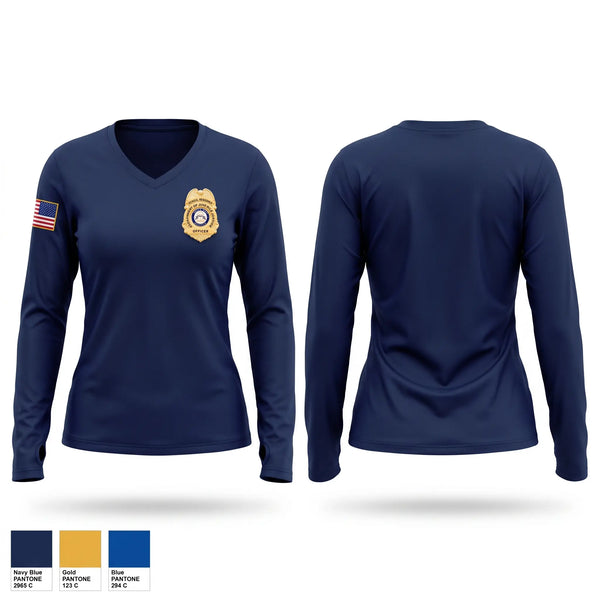 Womens Long Sleeve Vneck Shirt, Office of School Safety, Police, Teamtime, Team time, sublimation, custom sports apparel, team uniforms, spirit wear, spiritwear, sports uniforms, custom shirts, team store, custom team store, fundraiser sports, apparel fundraiser
