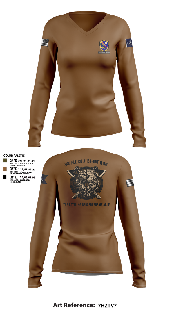 Womens Long Sleeve Vneck Shirt, Co A, 1st-160th INF, 79th IBCT, , Teamtime, Team time, sublimation, custom sports apparel, team uniforms, spirit wear, spiritwear, sports uniforms, custom shirts, team store, custom team store, fundraiser sports, apparel fundraiser