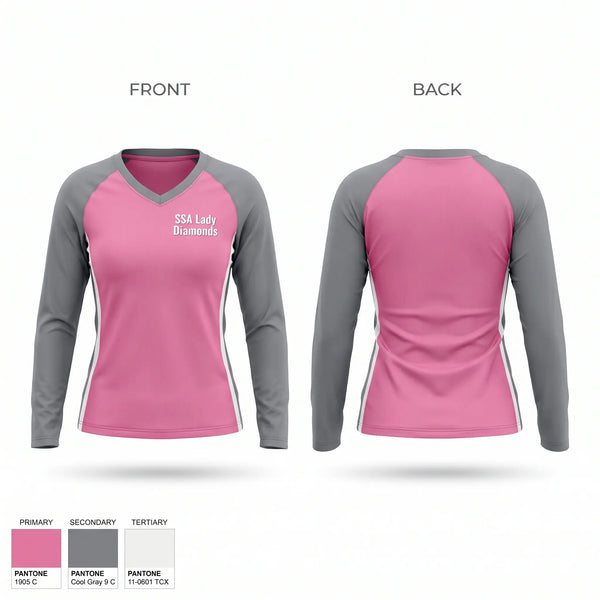 Womens Long Sleeve Vneck Shirt, SSA Lady Diamonds, Women's Basketball, Teamtime, Team time, sublimation, custom sports apparel, team uniforms, spirit wear, spiritwear, sports uniforms, custom shirts, team store, custom team store, fundraiser sports, apparel fundraiser