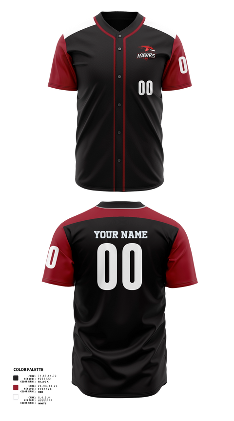 Full Button Baseball Jersey, HAWKS, Baseball, Teamtime, Team time, sublimation, custom sports apparel, team uniforms, spirit wear, spiritwear, sports uniforms, custom shirts, team store, custom team store, fundraiser sports, apparel fundraiser