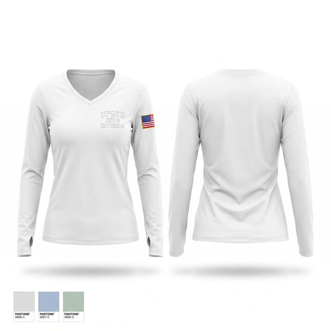 Womens Long Sleeve Vneck Shirt, UPSEU COPS DIVISION, Police, Teamtime, Team time, sublimation, custom sports apparel, team uniforms, spirit wear, spiritwear, sports uniforms, custom shirts, team store, custom team store, fundraiser sports, apparel fundraiser