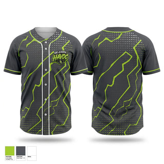 Full Button Baseball Jersey, Oklahoma Havoc, Baseball, Teamtime, Team time, sublimation, custom sports apparel, team uniforms, spirit wear, spiritwear, sports uniforms, custom shirts, team store, custom team store, fundraiser sports, apparel fundraiser