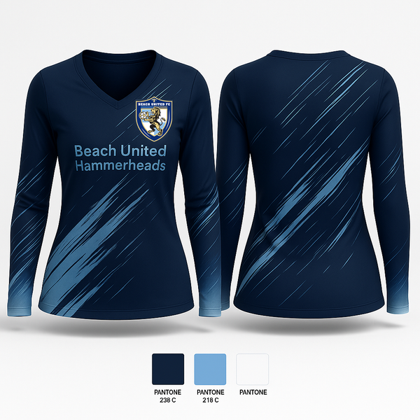 Womens Long Sleeve Vneck Shirt, Beach United Hammerheads, Women's Soccer, Teamtime, Team time, sublimation, custom sports apparel, team uniforms, spirit wear, spiritwear, sports uniforms, custom shirts, team store, custom team store, fundraiser sports, apparel fundraiser