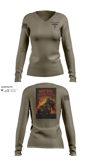 Womens Long Sleeve Vneck Shirt, 194th AR BDE HRT Medics, Army, Teamtime, Team time, sublimation, custom sports apparel, team uniforms, spirit wear, spiritwear, sports uniforms, custom shirts, team store, custom team store, fundraiser sports, apparel fundraiser