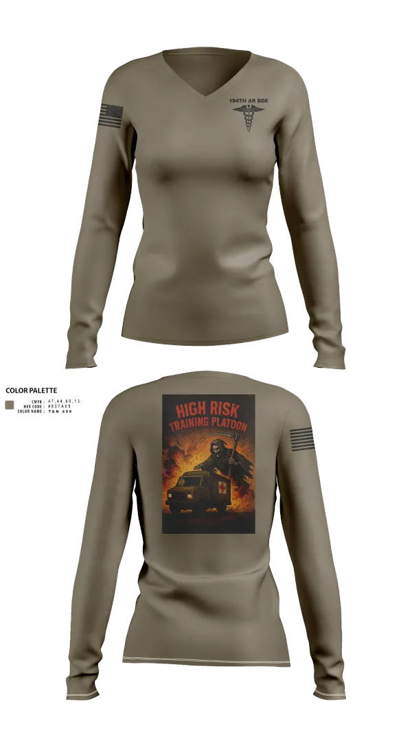 Womens Long Sleeve Vneck Shirt, 194th AR BDE HRT Medics, Army, Teamtime, Team time, sublimation, custom sports apparel, team uniforms, spirit wear, spiritwear, sports uniforms, custom shirts, team store, custom team store, fundraiser sports, apparel fundraiser