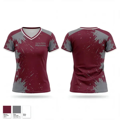 Womens Short Sleeve Vneck Shirt, George Wythe Maroons, Men's Basketball, Teamtime, Team time, sublimation, custom sports apparel, team uniforms, spirit wear, spiritwear, sports uniforms, custom shirts, team store, custom team store, fundraiser sports, apparel fundraiser