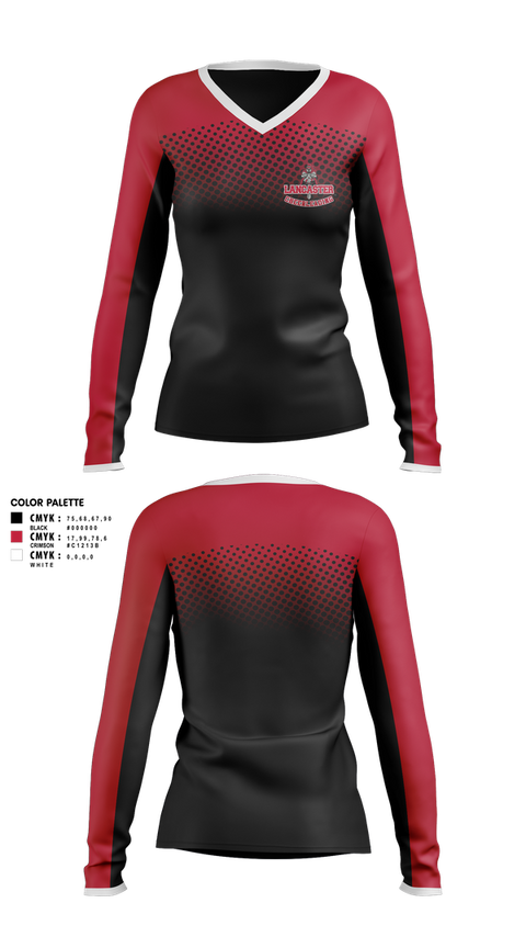 Womens Long Sleeve Vneck Shirt, Lancaster Cheerleading, Cheer, Teamtime, Team time, sublimation, custom sports apparel, team uniforms, spirit wear, spiritwear, sports uniforms, custom shirts, team store, custom team store, fundraiser sports, apparel fundraiser