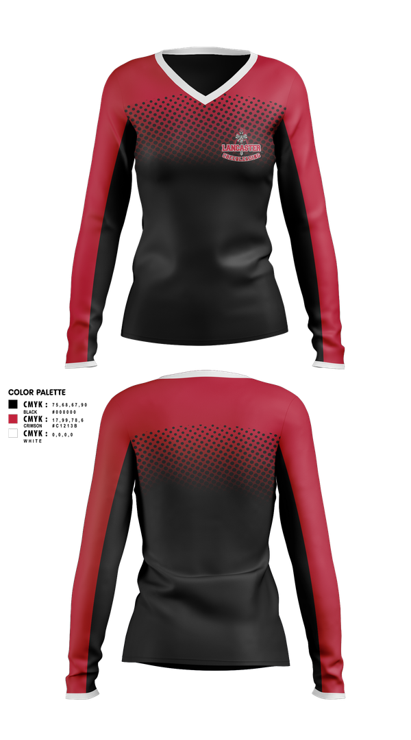 Womens Long Sleeve Vneck Shirt, Lancaster Cheerleading, Cheer, Teamtime, Team time, sublimation, custom sports apparel, team uniforms, spirit wear, spiritwear, sports uniforms, custom shirts, team store, custom team store, fundraiser sports, apparel fundraiser