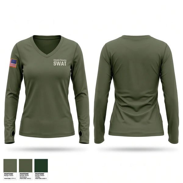 Womens Long Sleeve Vneck Shirt, Adams County SWAT, Police, Teamtime, Team time, sublimation, custom sports apparel, team uniforms, spirit wear, spiritwear, sports uniforms, custom shirts, team store, custom team store, fundraiser sports, apparel fundraiser