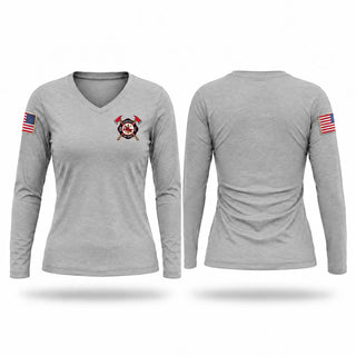 Womens Long Sleeve Vneck Shirt, Menchalville Fire Department, Fire Department, Teamtime, Team time, sublimation, custom sports apparel, team uniforms, spirit wear, spiritwear, sports uniforms, custom shirts, team store, custom team store, fundraiser sports, apparel fundraiser