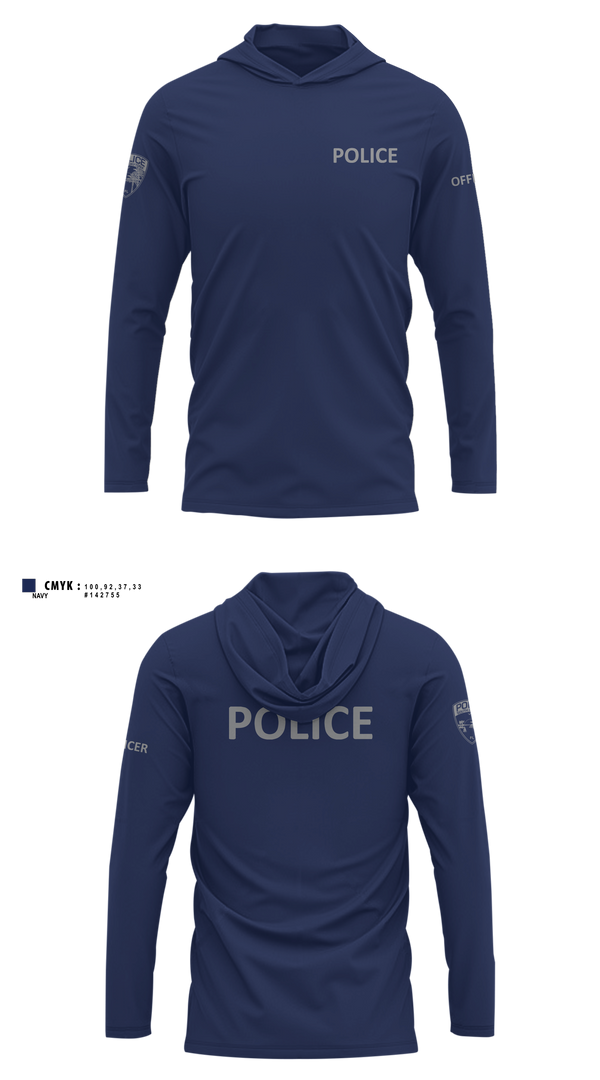 Long Sleeve Performance Shirt with hood, City of South Daytona Public Safety, Police, Teamtime, Team time, sublimation, custom sports apparel, team uniforms, spirit wear, spiritwear, sports uniforms, custom shirts, team store, custom team store, fundraiser sports, apparel fundraiser