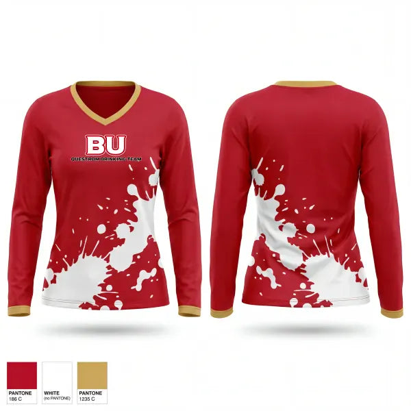 Womens Long Sleeve Vneck Shirt, BU Questrom Drinking Team, , Teamtime, Team time, sublimation, custom sports apparel, team uniforms, spirit wear, spiritwear, sports uniforms, custom shirts, team store, custom team store, fundraiser sports, apparel fundraiser