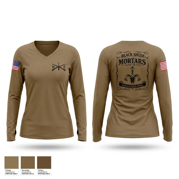 Womens Long Sleeve Vneck Shirt, 1-7 Mortars, Army, Teamtime, Team time, sublimation, custom sports apparel, team uniforms, spirit wear, spiritwear, sports uniforms, custom shirts, team store, custom team store, fundraiser sports, apparel fundraiser