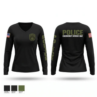 Womens Long Sleeve Vneck Shirt, Emergency Service Unit, Police, Teamtime, Team time, sublimation, custom sports apparel, team uniforms, spirit wear, spiritwear, sports uniforms, custom shirts, team store, custom team store, fundraiser sports, apparel fundraiser