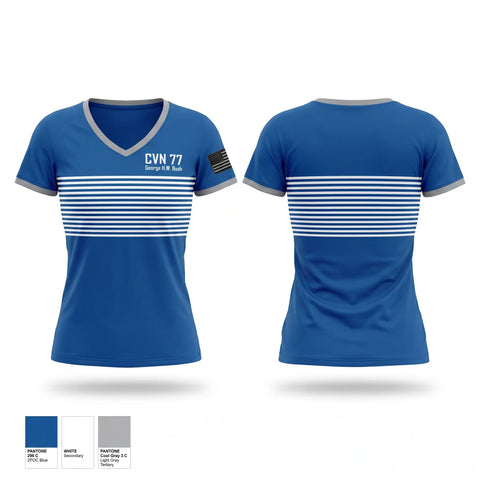 Womens Short Sleeve Vneck Shirt, CVN 77 George HW. Bush, Navy, Teamtime, Team time, sublimation, custom sports apparel, team uniforms, spirit wear, spiritwear, sports uniforms, custom shirts, team store, custom team store, fundraiser sports, apparel fundraiser