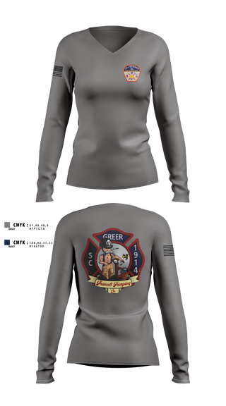 Womens Long Sleeve Vneck Shirt, City Of Greer FD, Fire Department, Teamtime, Team time, sublimation, custom sports apparel, team uniforms, spirit wear, spiritwear, sports uniforms, custom shirts, team store, custom team store, fundraiser sports, apparel fundraiser