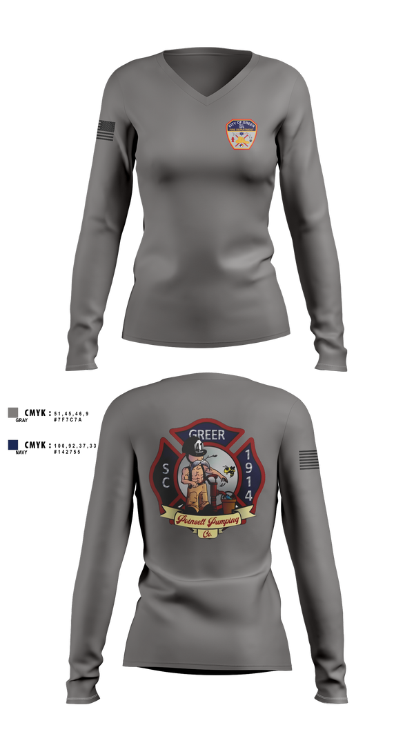 Womens Long Sleeve Vneck Shirt, City Of Greer FD, Fire Department, Teamtime, Team time, sublimation, custom sports apparel, team uniforms, spirit wear, spiritwear, sports uniforms, custom shirts, team store, custom team store, fundraiser sports, apparel fundraiser