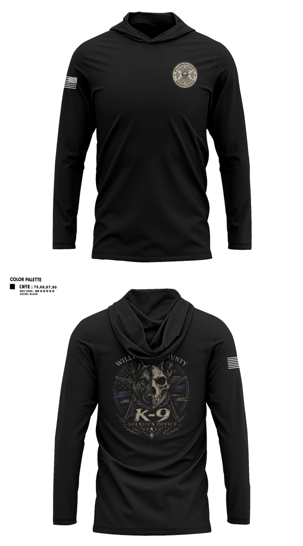 Long Sleeve Performance Shirt with hood, Williamson County K-9 Unit, Police, Teamtime, Team time, sublimation, custom sports apparel, team uniforms, spirit wear, spiritwear, sports uniforms, custom shirts, team store, custom team store, fundraiser sports, apparel fundraiser