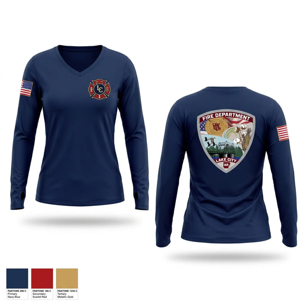 Womens Long Sleeve Vneck Shirt, Lake City Fire Department, Fire Department, Teamtime, Team time, sublimation, custom sports apparel, team uniforms, spirit wear, spiritwear, sports uniforms, custom shirts, team store, custom team store, fundraiser sports, apparel fundraiser
