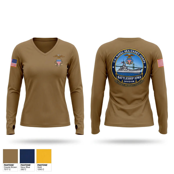 Womens Long Sleeve Vneck Shirt, U.S. Naval Sea Cadet Corps Battleship Iowa Division, Navy, Teamtime, Team time, sublimation, custom sports apparel, team uniforms, spirit wear, spiritwear, sports uniforms, custom shirts, team store, custom team store, fundraiser sports, apparel fundraiser