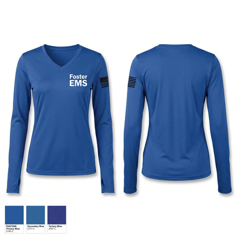 Womens Long Sleeve Vneck Shirt, Foster EMS, EMS/EMT, Teamtime, Team time, sublimation, custom sports apparel, team uniforms, spirit wear, spiritwear, sports uniforms, custom shirts, team store, custom team store, fundraiser sports, apparel fundraiser