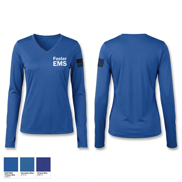 Womens Long Sleeve Vneck Shirt, Foster EMS, EMS/EMT, Teamtime, Team time, sublimation, custom sports apparel, team uniforms, spirit wear, spiritwear, sports uniforms, custom shirts, team store, custom team store, fundraiser sports, apparel fundraiser