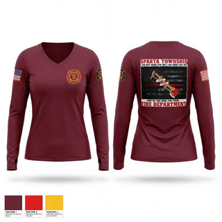 Womens Long Sleeve Vneck Shirt, Sparta Township Fire Department, Fire Department, Teamtime, Team time, sublimation, custom sports apparel, team uniforms, spirit wear, spiritwear, sports uniforms, custom shirts, team store, custom team store, fundraiser sports, apparel fundraiser