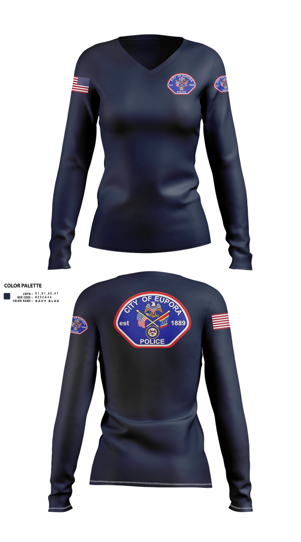 Womens Long Sleeve Vneck Shirt, EUPORA POLICE DEPARTMENT, Police, Teamtime, Team time, sublimation, custom sports apparel, team uniforms, spirit wear, spiritwear, sports uniforms, custom shirts, team store, custom team store, fundraiser sports, apparel fundraiser