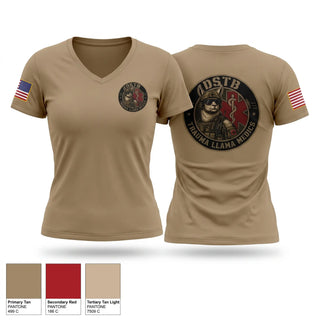 Womens Short Sleeve Vneck Shirt, DSTB Trauma Llama Medics, Army, Teamtime, Team time, sublimation, custom sports apparel, team uniforms, spirit wear, spiritwear, sports uniforms, custom shirts, team store, custom team store, fundraiser sports, apparel fundraiser