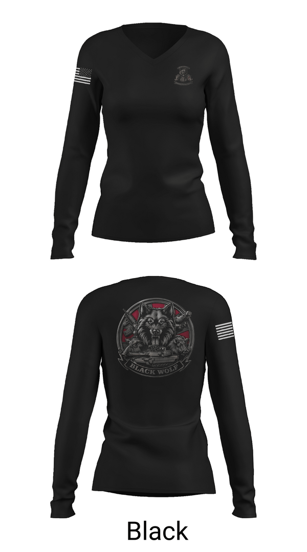 Womens Long Sleeve Vneck Shirt, Black Wolf Company, 3-67 AR, Army, Teamtime, Team time, sublimation, custom sports apparel, team uniforms, spirit wear, spiritwear, sports uniforms, custom shirts, team store, custom team store, fundraiser sports, apparel fundraiser