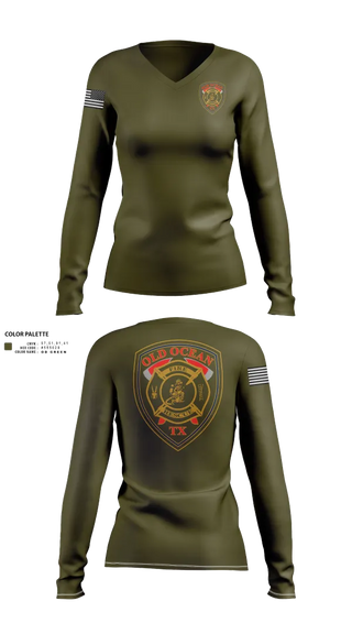 Womens Long Sleeve Vneck Shirt, Old Ocean Fire Department, Fire Department, Teamtime, Team time, sublimation, custom sports apparel, team uniforms, spirit wear, spiritwear, sports uniforms, custom shirts, team store, custom team store, fundraiser sports, apparel fundraiser