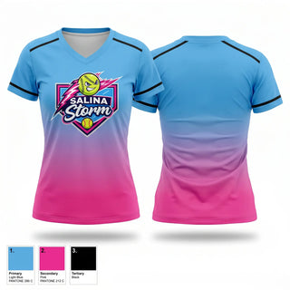 Womens Short Sleeve Vneck Shirt, Salina Storm, Softball, Teamtime, Team time, sublimation, custom sports apparel, team uniforms, spirit wear, spiritwear, sports uniforms, custom shirts, team store, custom team store, fundraiser sports, apparel fundraiser