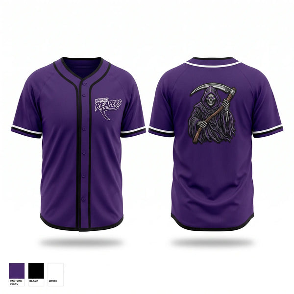 Full Button Baseball Jersey, Windy City Reapers, Baseball, Teamtime, Team time, sublimation, custom sports apparel, team uniforms, spirit wear, spiritwear, sports uniforms, custom shirts, team store, custom team store, fundraiser sports, apparel fundraiser
