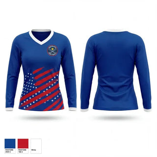 Womens Long Sleeve Vneck Shirt, American Legion Post 10 Patriots, Softball, Teamtime, Team time, sublimation, custom sports apparel, team uniforms, spirit wear, spiritwear, sports uniforms, custom shirts, team store, custom team store, fundraiser sports, apparel fundraiser