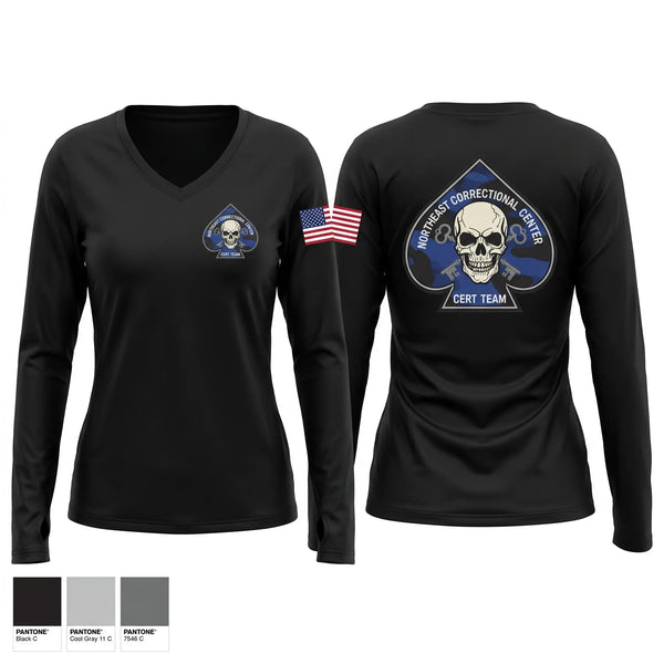 Womens Long Sleeve Vneck Shirt, Northeast Correctional Center, Police, Teamtime, Team time, sublimation, custom sports apparel, team uniforms, spirit wear, spiritwear, sports uniforms, custom shirts, team store, custom team store, fundraiser sports, apparel fundraiser