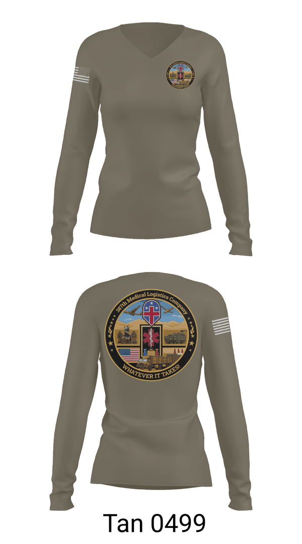 Womens Long Sleeve Vneck Shirt, 387th Medical Logistics Company, Army, Teamtime, Team time, sublimation, custom sports apparel, team uniforms, spirit wear, spiritwear, sports uniforms, custom shirts, team store, custom team store, fundraiser sports, apparel fundraiser