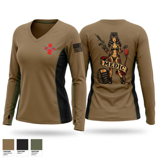 Womens Long Sleeve Vneck Shirt, 179 HHC Medics, National Guard, Teamtime, Team time, sublimation, custom sports apparel, team uniforms, spirit wear, spiritwear, sports uniforms, custom shirts, team store, custom team store, fundraiser sports, apparel fundraiser