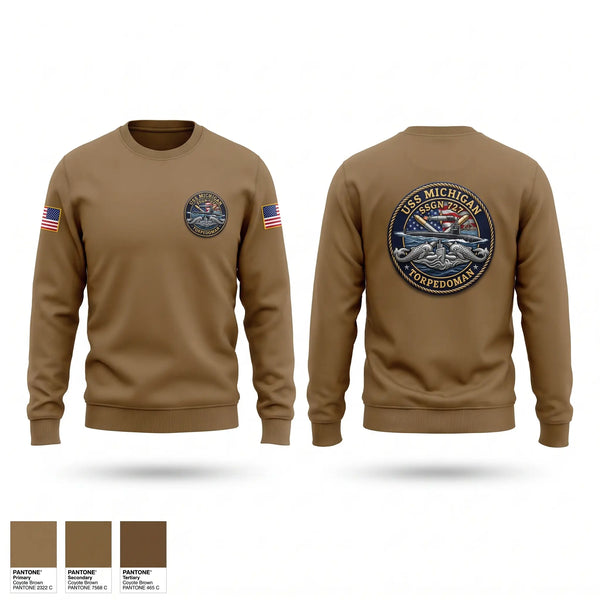 Crew Neck Sweatshirt, USS Michigan TorpedoMan, Navy, Teamtime, Team time, sublimation, custom sports apparel, team uniforms, spirit wear, spiritwear, sports uniforms, custom shirts, team store, custom team store, fundraiser sports, apparel fundraiser