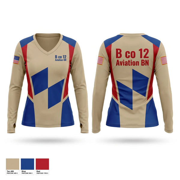 Womens Long Sleeve Vneck Shirt, B co 12 Aviation BN, Army, Teamtime, Team time, sublimation, custom sports apparel, team uniforms, spirit wear, spiritwear, sports uniforms, custom shirts, team store, custom team store, fundraiser sports, apparel fundraiser
