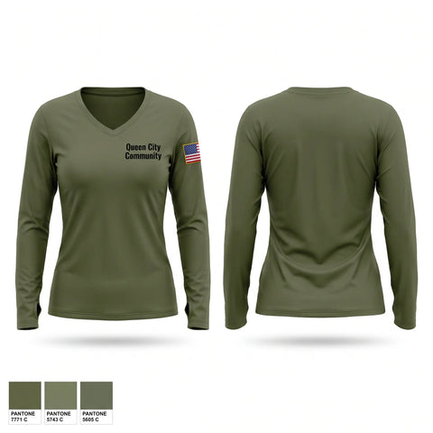 Womens Long Sleeve Vneck Shirt, Queen City Community, Fire Department, Teamtime, Team time, sublimation, custom sports apparel, team uniforms, spirit wear, spiritwear, sports uniforms, custom shirts, team store, custom team store, fundraiser sports, apparel fundraiser
