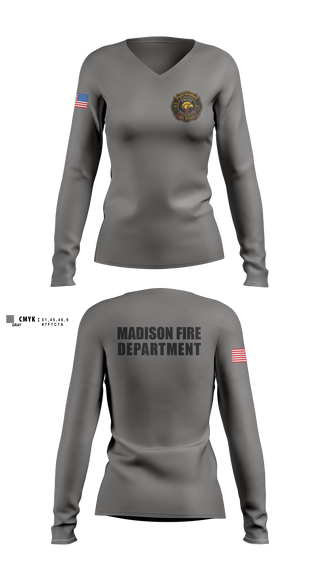 Womens Long Sleeve Vneck Shirt, Madison Fire Department, Fire Department, Teamtime, Team time, sublimation, custom sports apparel, team uniforms, spirit wear, spiritwear, sports uniforms, custom shirts, team store, custom team store, fundraiser sports, apparel fundraiser