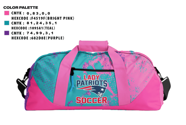 Duffle Bag, Madison Middle Lady Patriots Soccer, Women's Soccer, Teamtime, Team time, sublimation, custom sports apparel, team uniforms, spirit wear, spiritwear, sports uniforms, custom shirts, team store, custom team store, fundraiser sports, apparel fundraiser