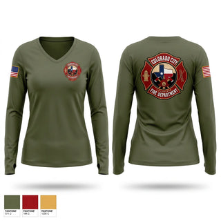 Womens Long Sleeve Vneck Shirt, Colorado City Fire Department, Fire Department, Teamtime, Team time, sublimation, custom sports apparel, team uniforms, spirit wear, spiritwear, sports uniforms, custom shirts, team store, custom team store, fundraiser sports, apparel fundraiser
