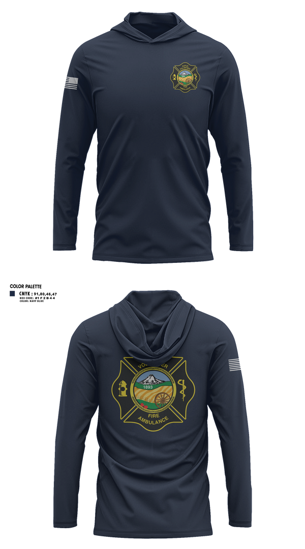 Long Sleeve Performance Shirt with hood, Dufur Volunteer Fire and Ambulance, Fire Department, Teamtime, Team time, sublimation, custom sports apparel, team uniforms, spirit wear, spiritwear, sports uniforms, custom shirts, team store, custom team store, fundraiser sports, apparel fundraiser