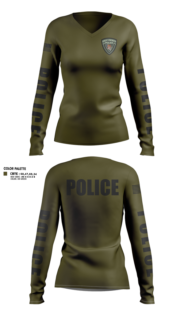 Womens Long Sleeve Vneck Shirt, Ohkay Owingeh Police Department, Police, Teamtime, Team time, sublimation, custom sports apparel, team uniforms, spirit wear, spiritwear, sports uniforms, custom shirts, team store, custom team store, fundraiser sports, apparel fundraiser