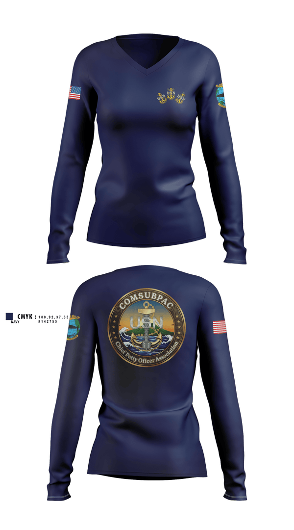 Womens Long Sleeve Vneck Shirt, COMSUBPAC CPOA, Navy, Teamtime, Team time, sublimation, custom sports apparel, team uniforms, spirit wear, spiritwear, sports uniforms, custom shirts, team store, custom team store, fundraiser sports, apparel fundraiser