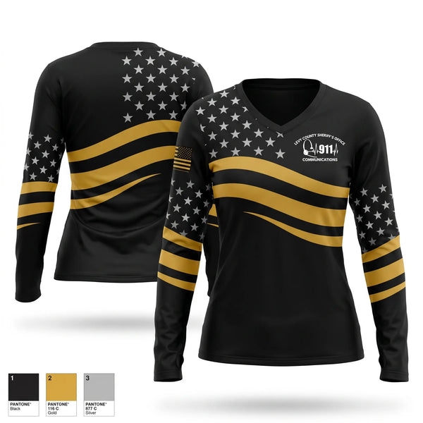 Womens Long Sleeve Vneck Shirt, LEVY COUNTY SHERIFF'S OFFICE 911 COMMUNICATIONS DIVISION, Police, Teamtime, Team time, sublimation, custom sports apparel, team uniforms, spirit wear, spiritwear, sports uniforms, custom shirts, team store, custom team store, fundraiser sports, apparel fundraiser