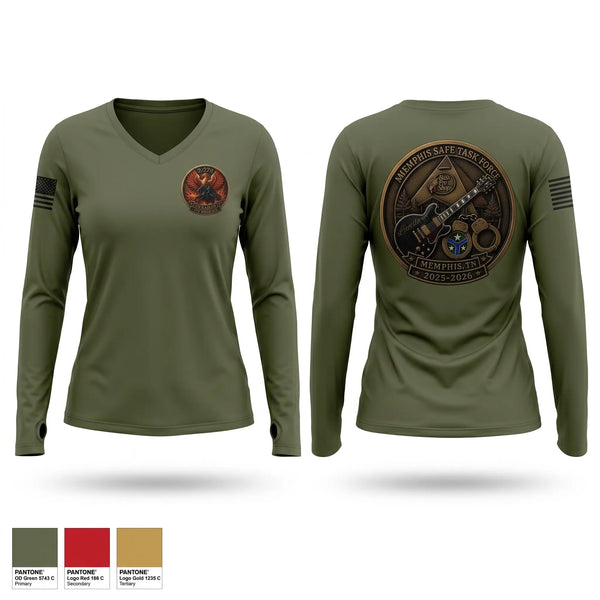 Womens Long Sleeve Vneck Shirt, D Company 2/278 MBCT, National Guard, Teamtime, Team time, sublimation, custom sports apparel, team uniforms, spirit wear, spiritwear, sports uniforms, custom shirts, team store, custom team store, fundraiser sports, apparel fundraiser