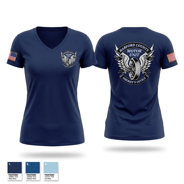Womens Short Sleeve Vneck Shirt, Harford County Sheriff's Office Motor Unit, Police, Teamtime, Team time, sublimation, custom sports apparel, team uniforms, spirit wear, spiritwear, sports uniforms, custom shirts, team store, custom team store, fundraiser sports, apparel fundraiser
